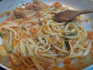 Scialatielli con zucca carciofi e rana pescatrice