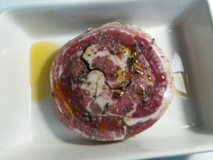 Pancetta cotta a bassa temperatura su polenta di farina di mais macinata a pietra e tzatziki alla zucca