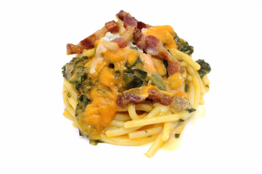 Spaghettoni con crema di zucca catalogna guanciale croccante e fonduta di gorgonzola