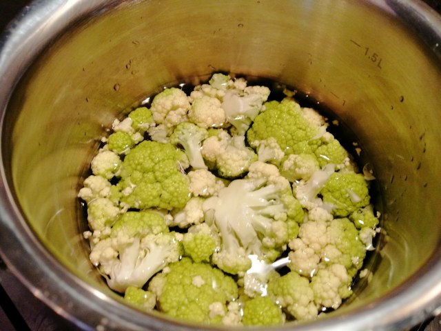 Polpo ammuddicato al pistacchio su crema di cavolfiore verde e gorgonzola