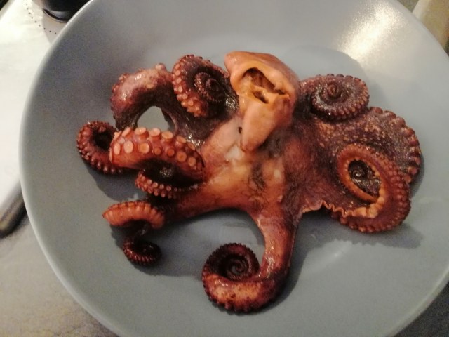 Polpo ammuddicato al pistacchio su crema di cavolfiore verde e gorgonzola